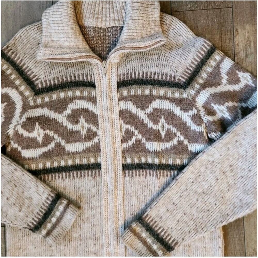Vintage Handmade Cowichan Style Wool Knit Zip Cardigan Oversized Med Sweater 70s - Picture 2 of 10